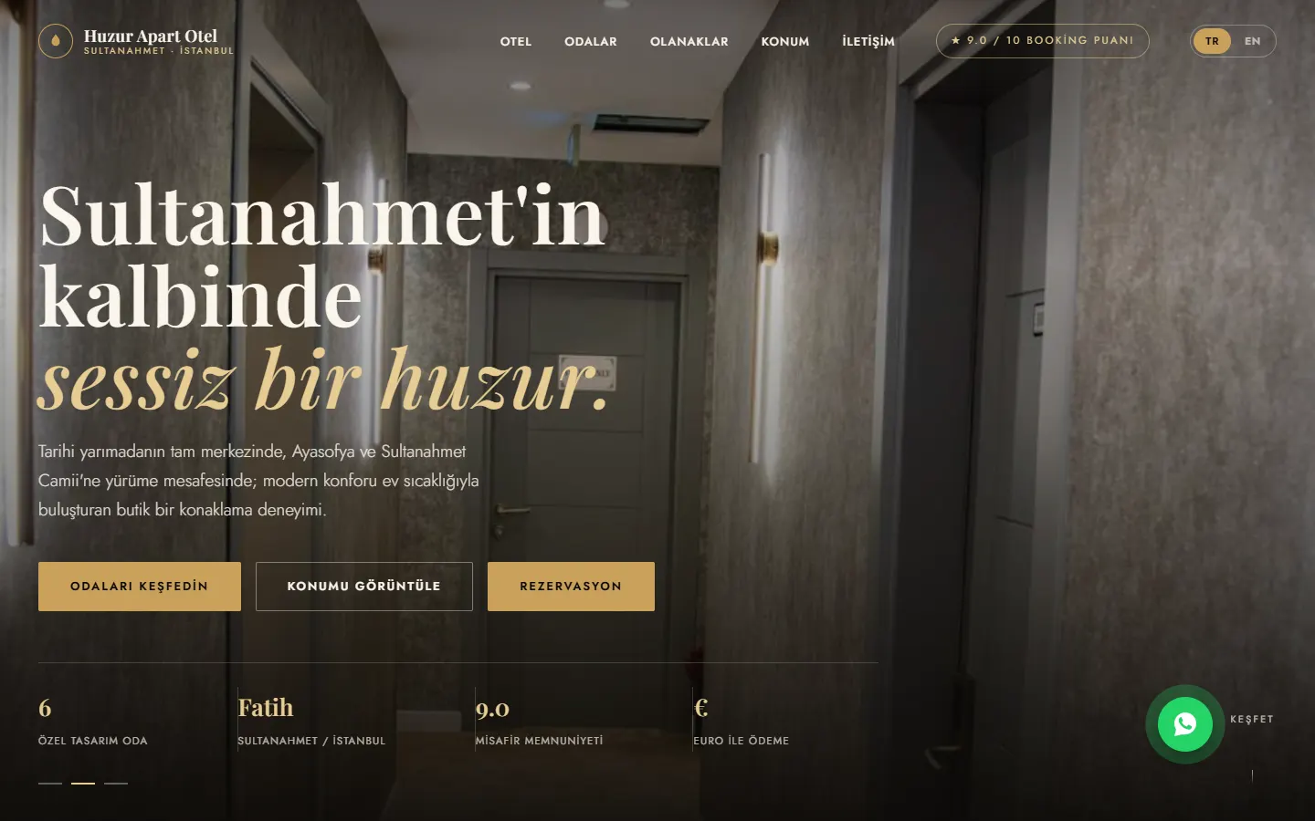 Huzur Apart Otel sitesinin bilgisayardaki ana sayfası