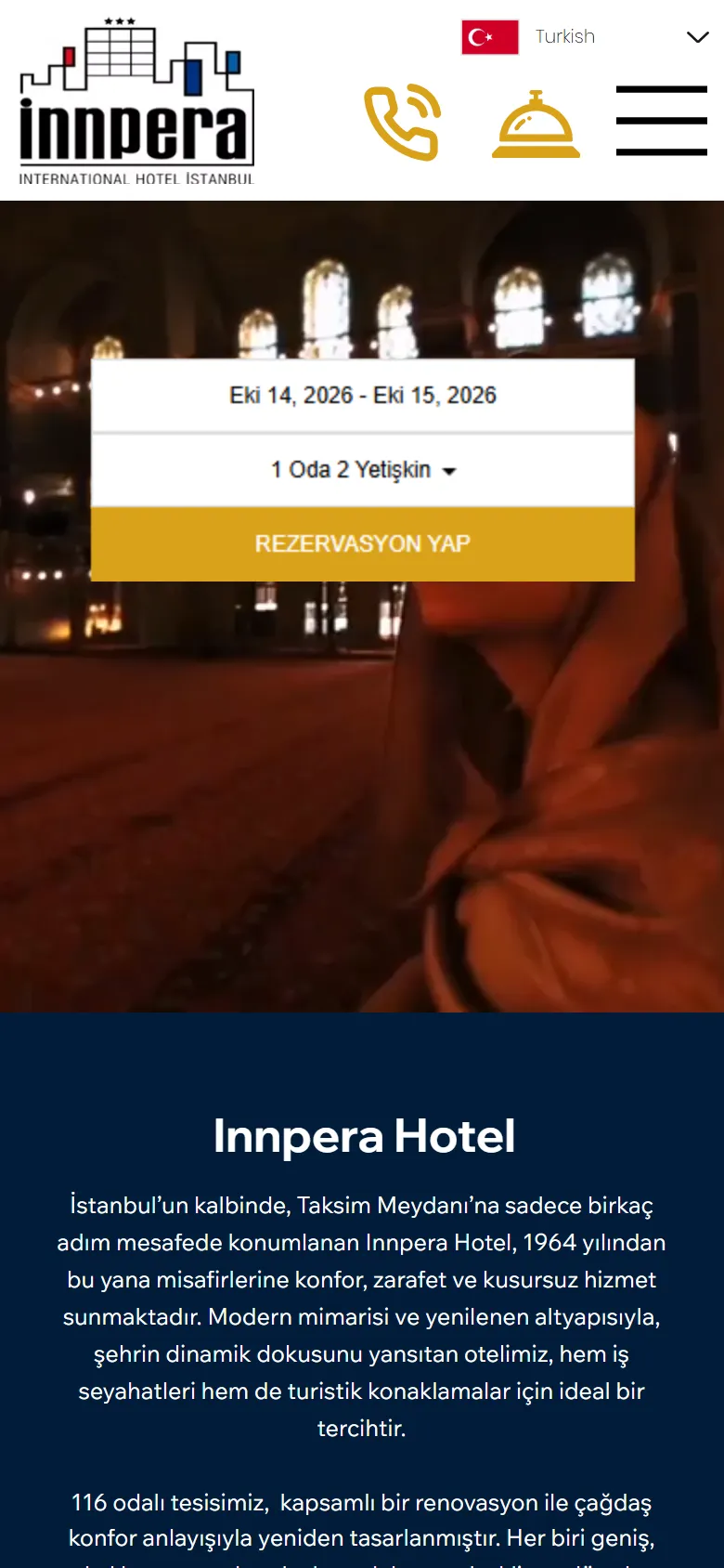 Innpera Hotel sitesinin telefondaki görünümü