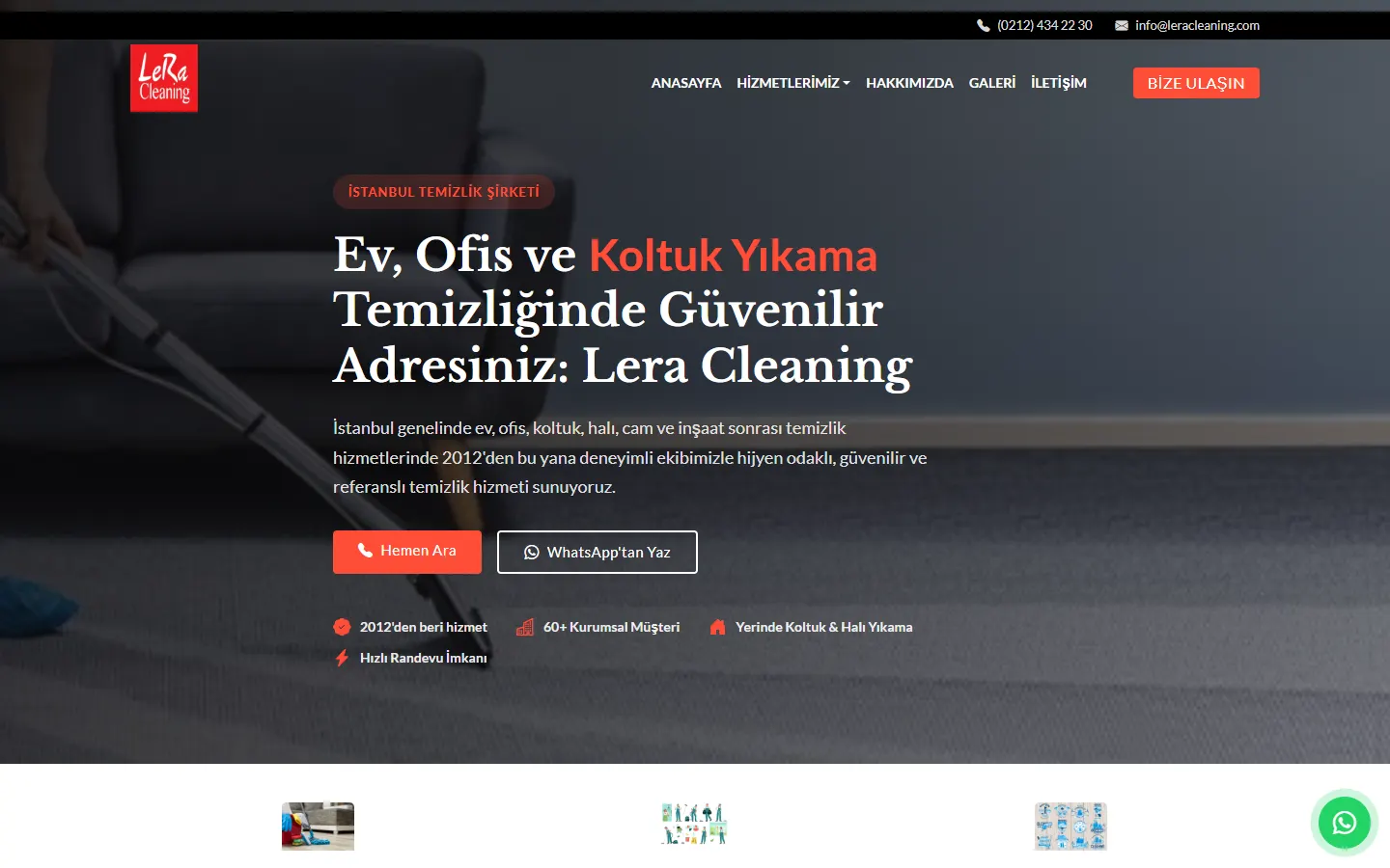 Lera Cleaning sitesinin bilgisayardaki ana sayfası