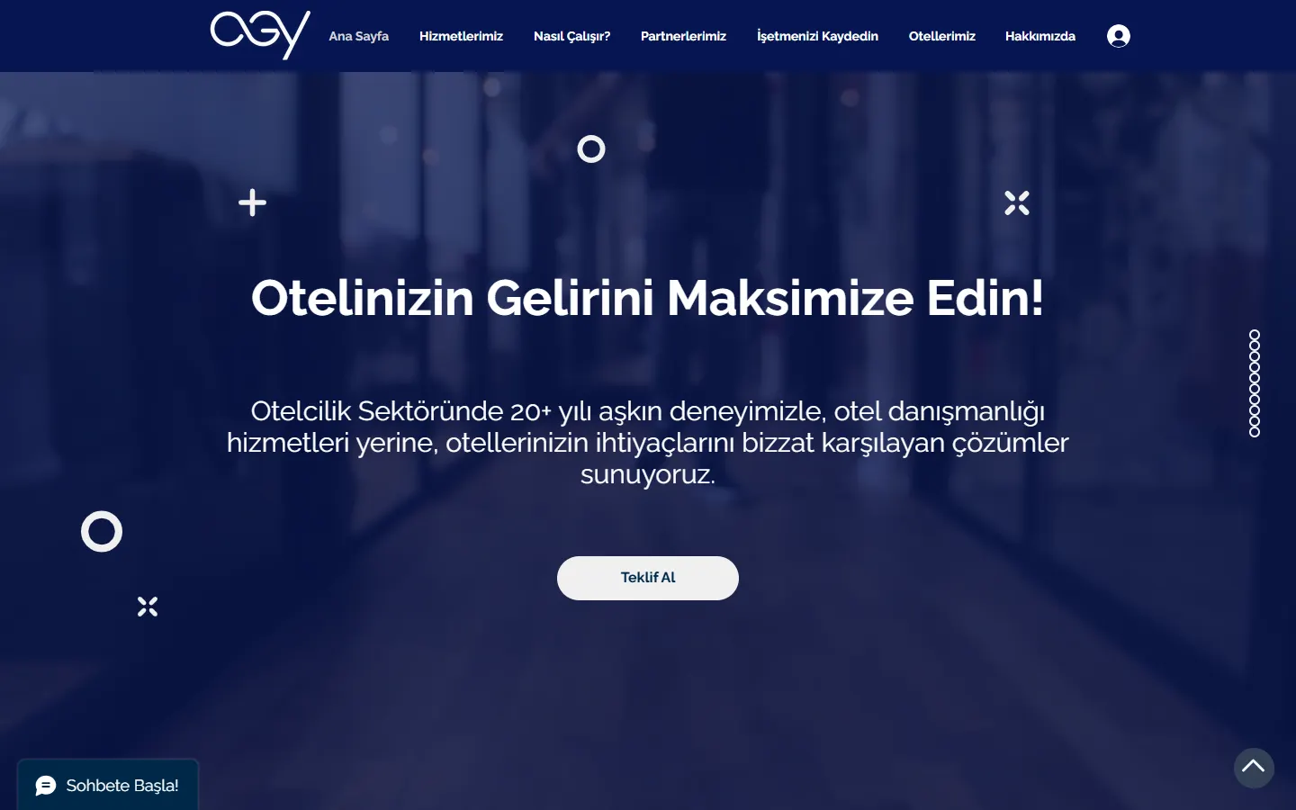 Otel Gelir Yönetimi sitesinin bilgisayardaki ana sayfası