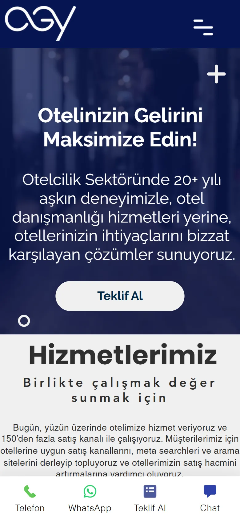 Otel Gelir Yönetimi sitesinin telefondaki görünümü