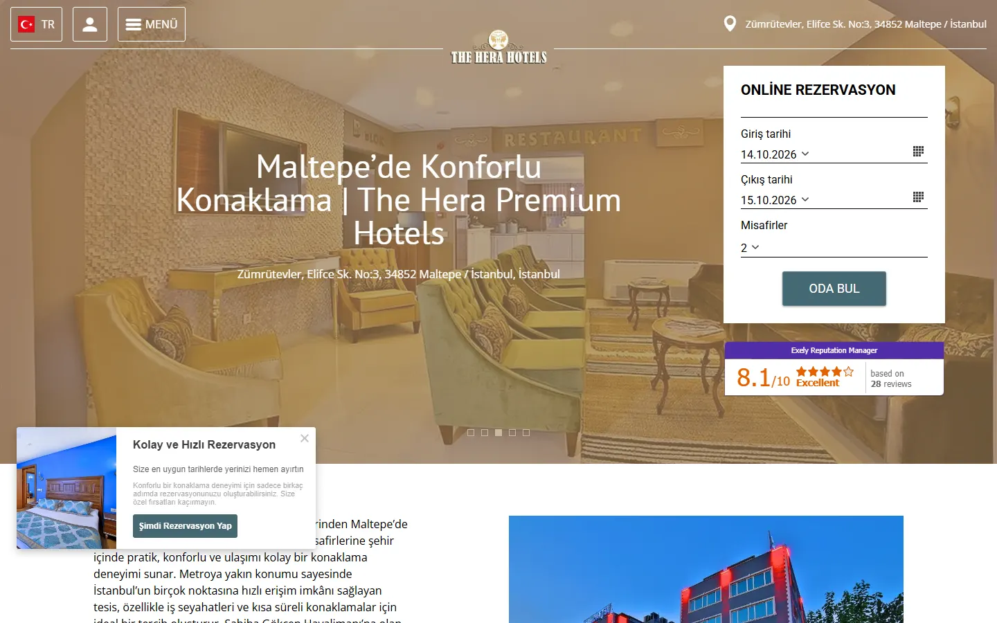 The Hera Premium Hotels sitesinin bilgisayardaki ana sayfası